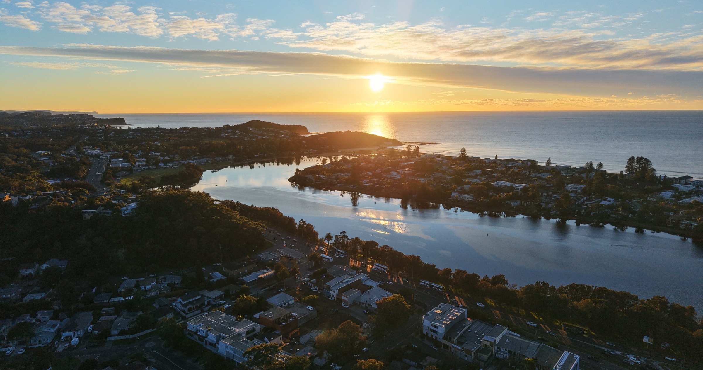 Aerial view of Sydney's Northern Beaches coastline at sunset